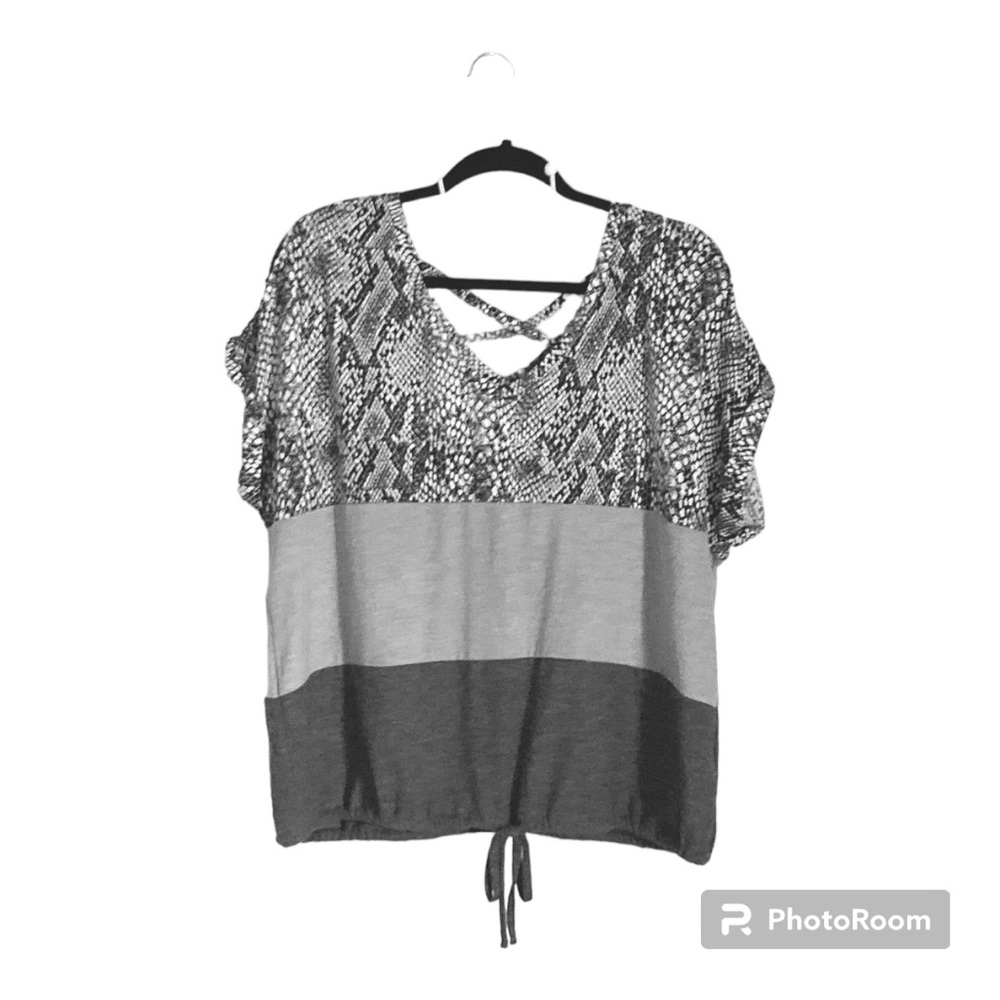 Absolutely Famous Gray Snake Print Color Block Crisscross Strap Drawstring Top